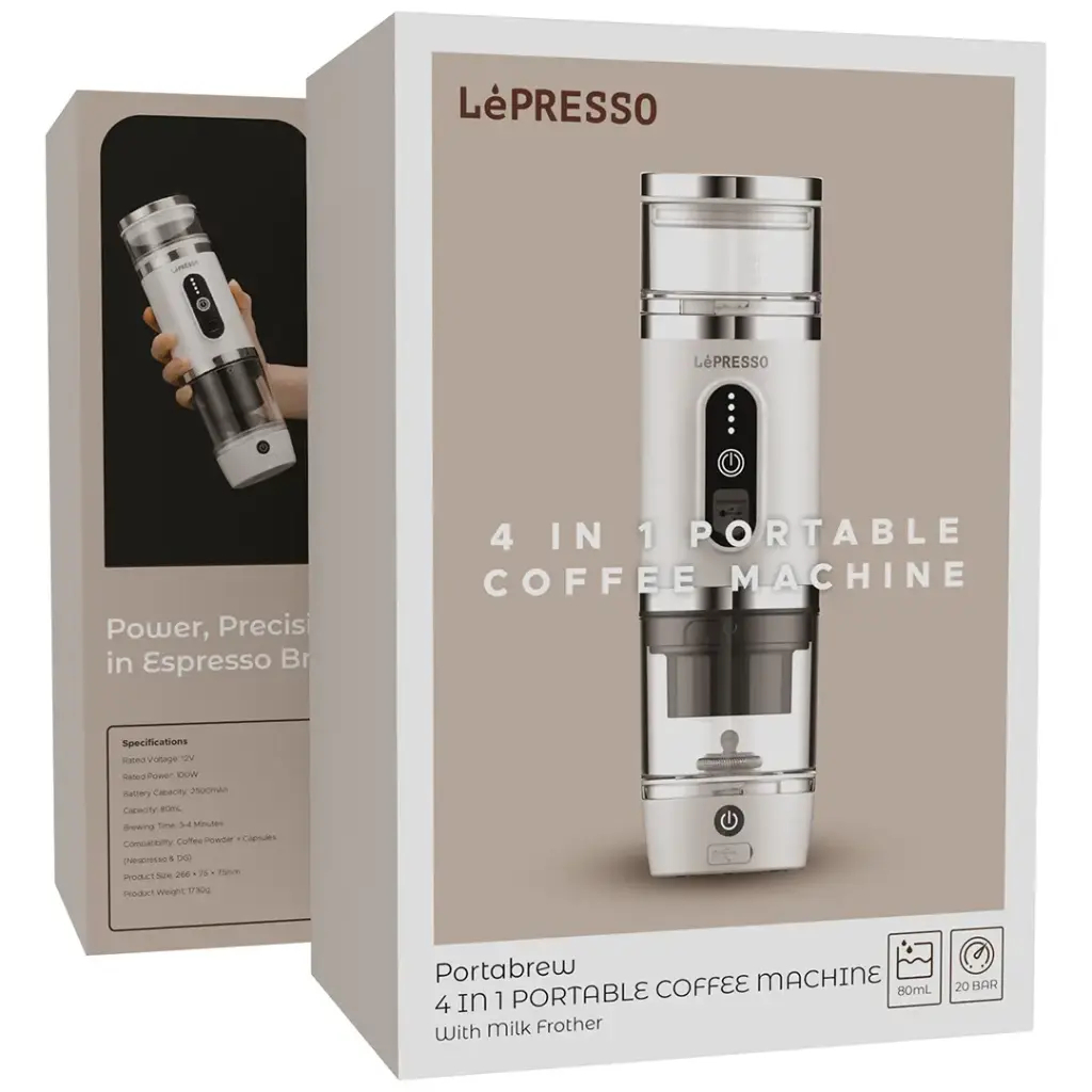 LePresso 4-in-1 Portable Coffee Machine with Milk Frother - White