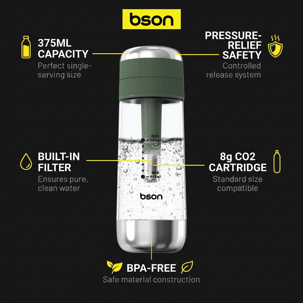 Bson Fizzy Lab Soda Maker with Built-in Filter | 375ml BPA-Free Bottle | No Electricity Required | Compatible with 8g CO₂ Cartridges