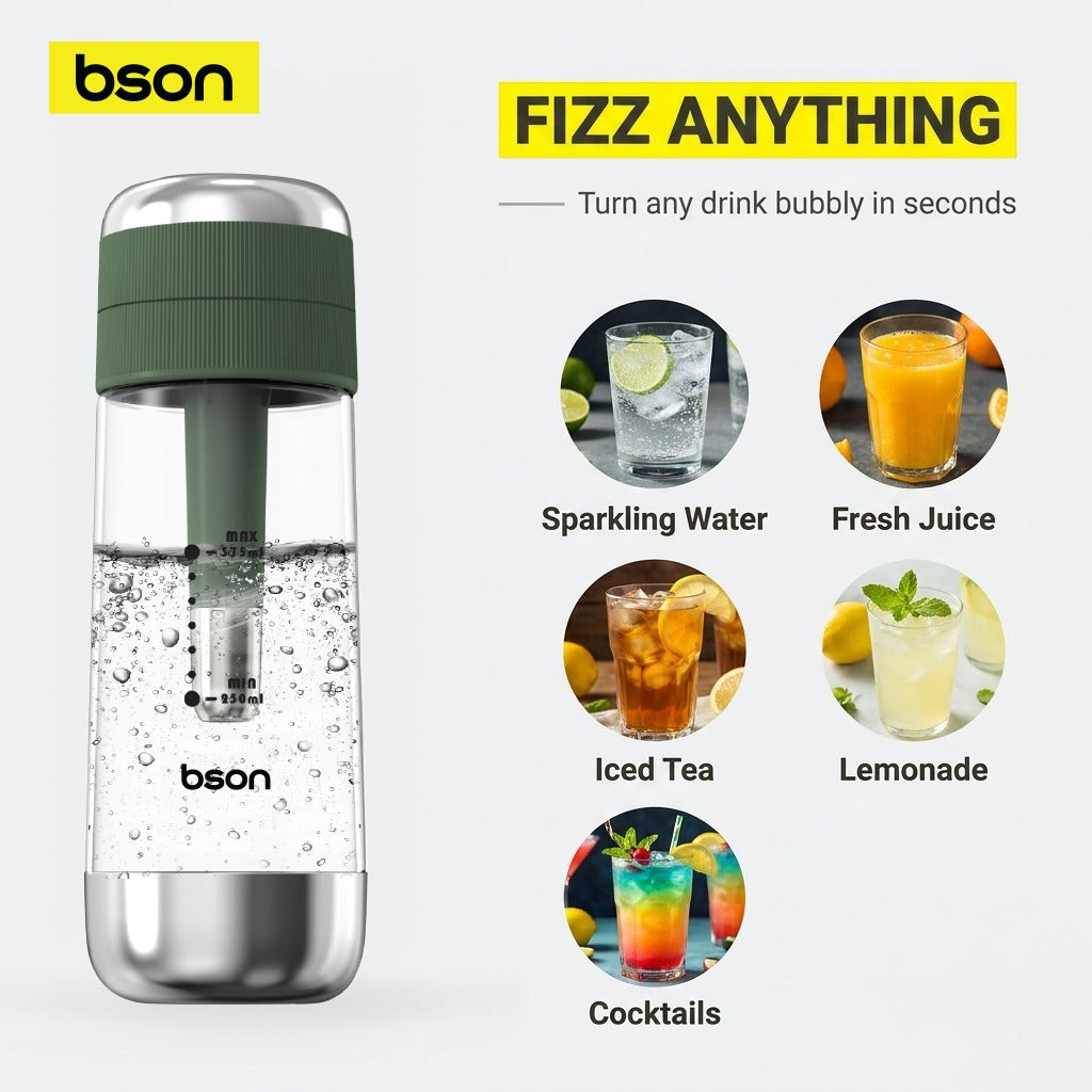 Bson Fizzy Lab Soda Maker with Built-in Filter | 375ml BPA-Free Bottle | No Electricity Required | Compatible with 8g CO₂ Cartridges