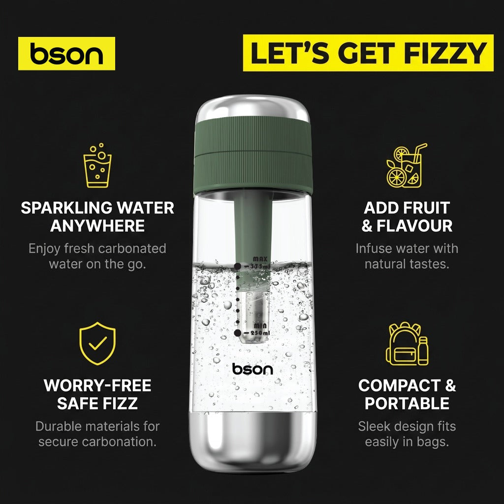 Bson Fizzy Lab Soda Maker with Built-in Filter | 375ml BPA-Free Bottle | No Electricity Required | Compatible with 8g CO₂ Cartridges