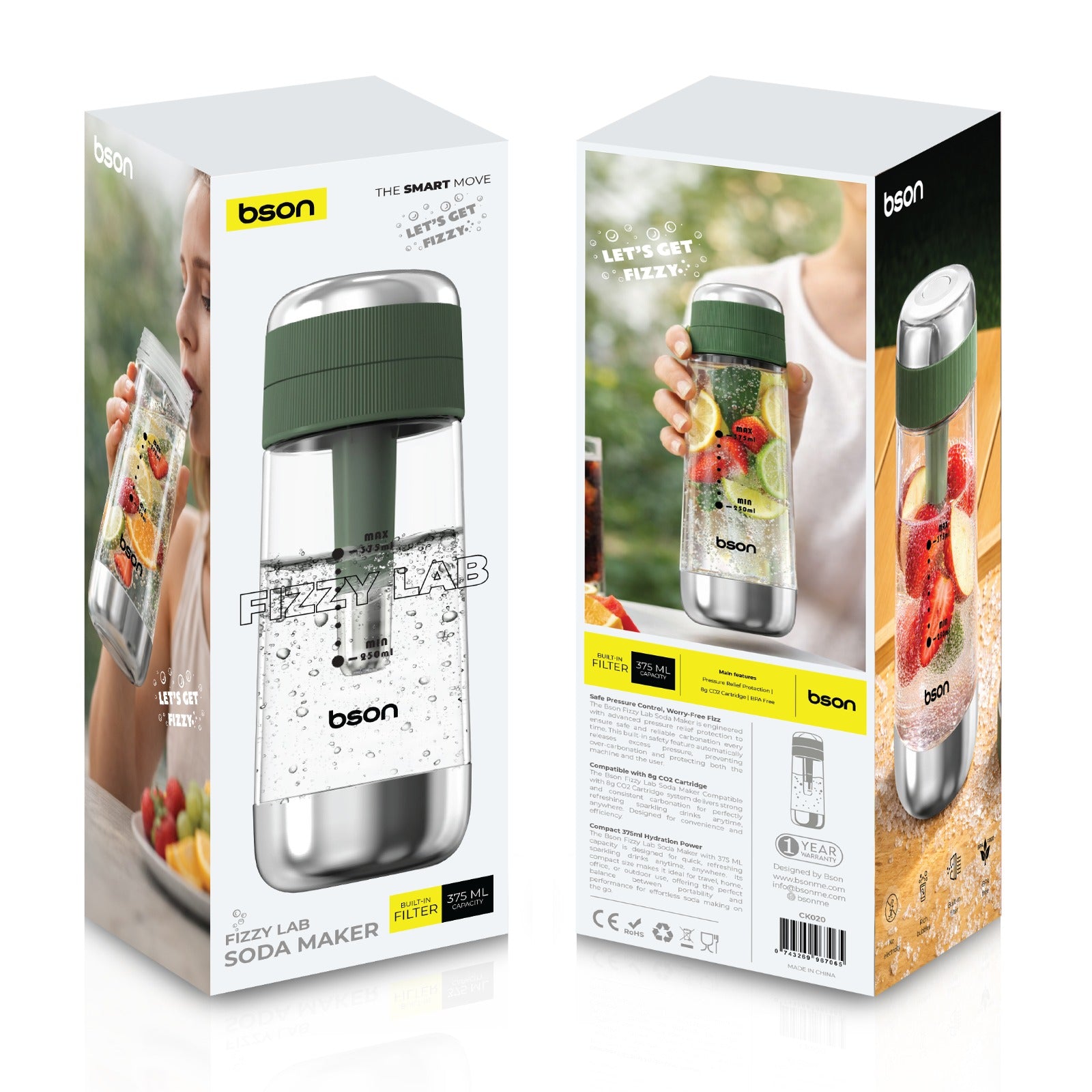 Bson Fizzy Lab Soda Maker with Built-in Filter | 375ml BPA-Free Bottle | No Electricity Required | Compatible with 8g CO₂ Cartridges