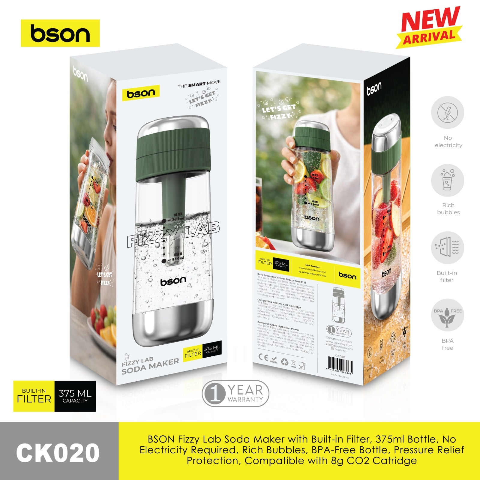 Bson Fizzy Lab Soda Maker with Built-in Filter | 375ml BPA-Free Bottle | No Electricity Required | Compatible with 8g CO₂ Cartridges