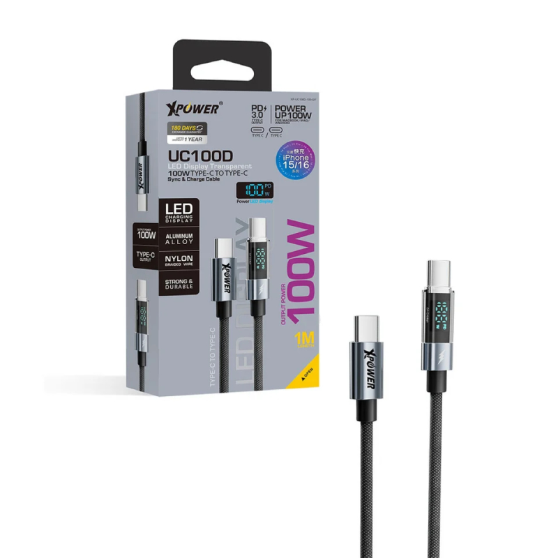 Xpower 1M LED Display 100W PD Type-C to Type-C Sync & Charge Cable - Grey