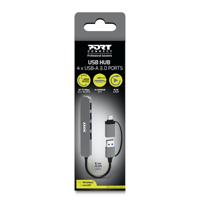 Port Designs Hub USB-C/USB-A vers 4 ports USB-A 3.0 5Gbps - Silver