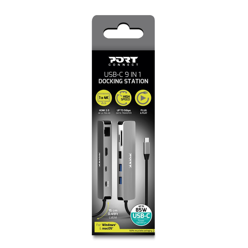 Port Designs Docking Type C 9-in-1 - 1 X 4K HDMI - PD 85W - Steel