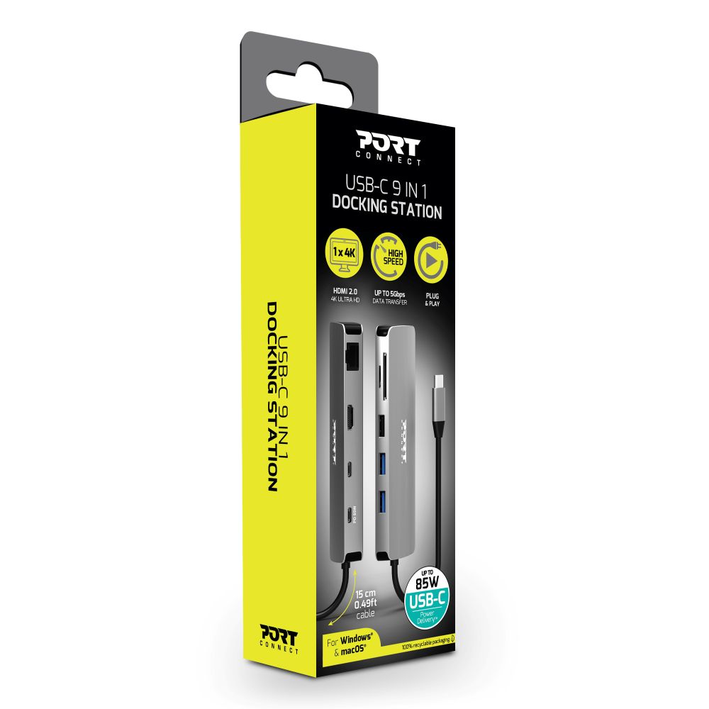 Port Designs Docking Type C 9-in-1 - 1 X 4K HDMI - PD 85W - Steel