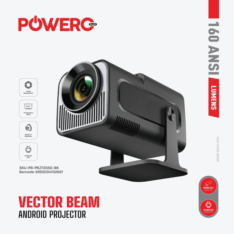 Powero Plus Vector Beam Android Projector with 160ANSI Lumens - Black