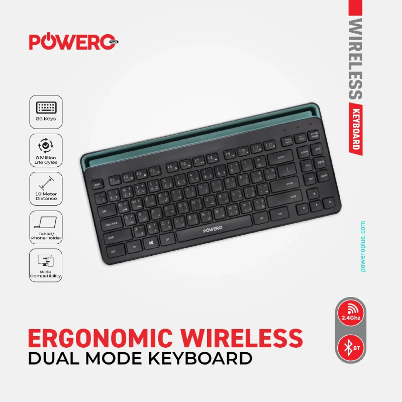 Powero Plus Ergonomic Wireless Dual Mode Keyboard With Phone &Tablet Holder - Black