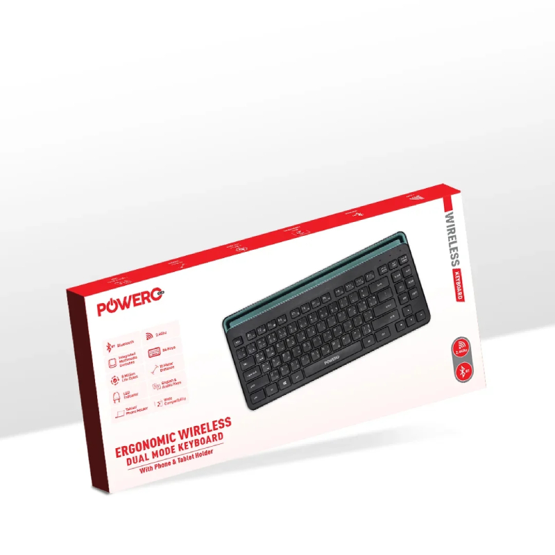 Powero Plus Ergonomic Wireless Dual Mode Keyboard With Phone &Tablet Holder - Black