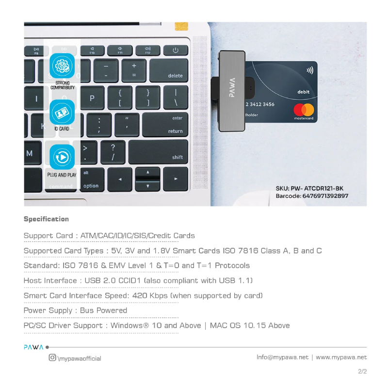 Pawa Mini Single Slot Smart Card Reader - Silver & Black