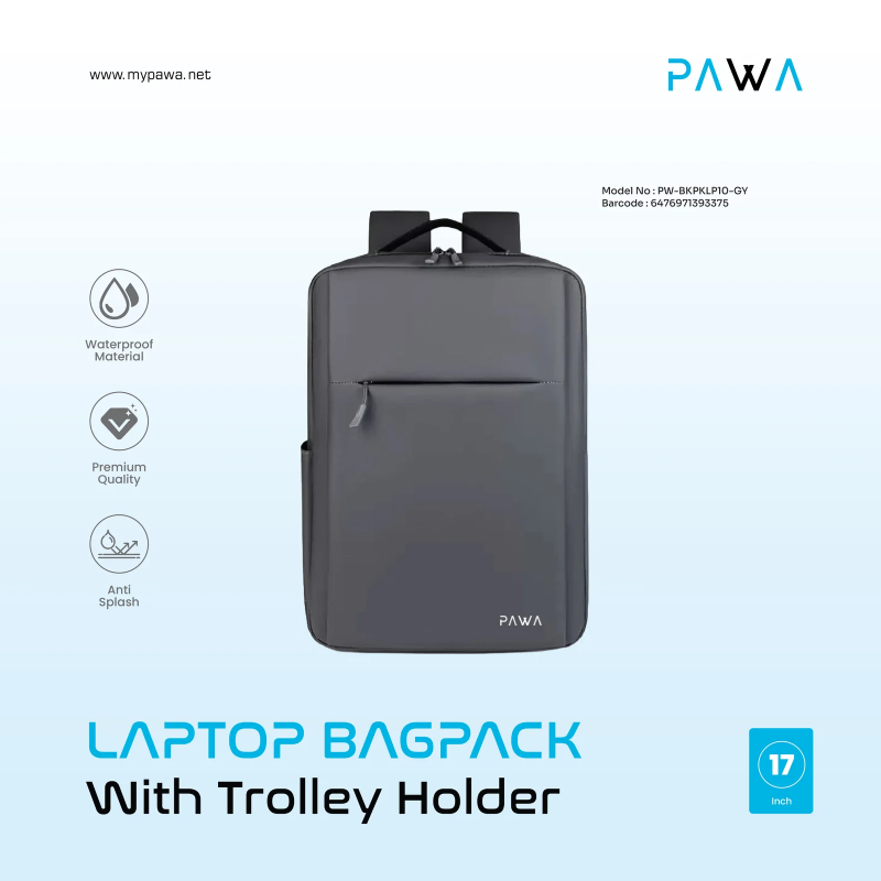 Pawa Laptop Backpack with Trolley Holder, Multi-Purpose Travel & Work Bag - Gray