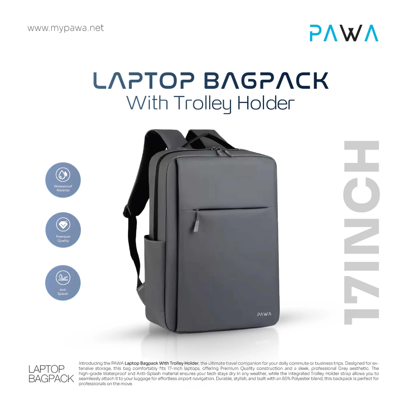 Pawa Laptop Backpack with Trolley Holder, Multi-Purpose Travel & Work Bag - Gray
