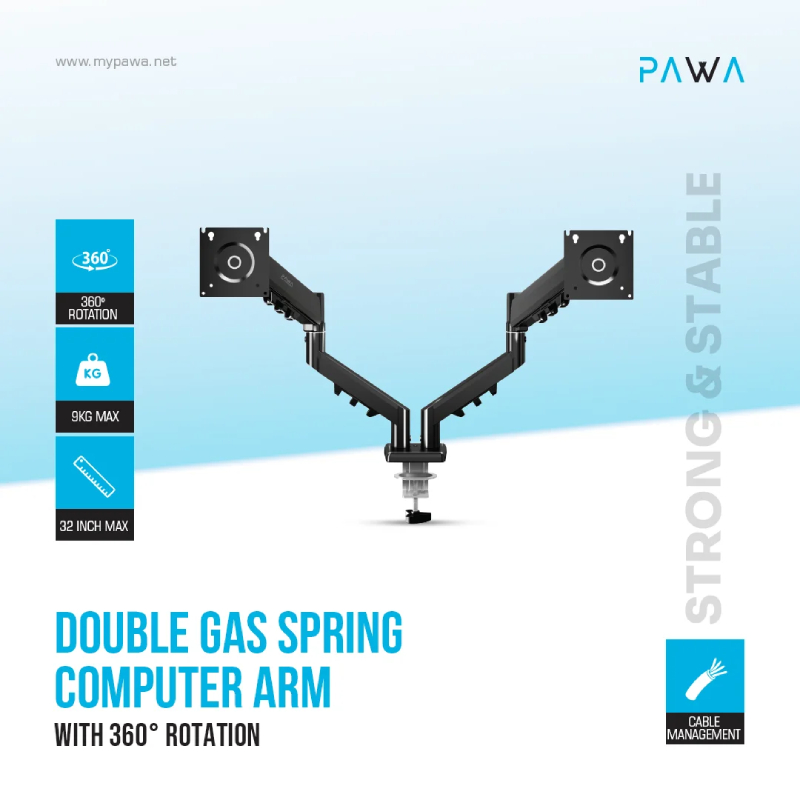 Pawa Double Gas Spring Computer Arm With 360º Rotation - Black