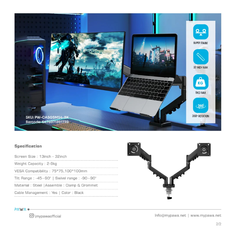 Pawa Double Gas Spring Computer Arm With 360º Rotation - Black
