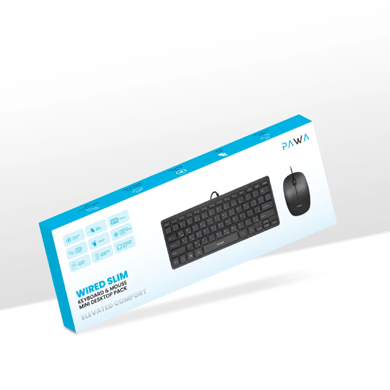 Pawa Wired Slim Keyboard & Mouse Mini Desktop Pack, 1200 DPI - Black