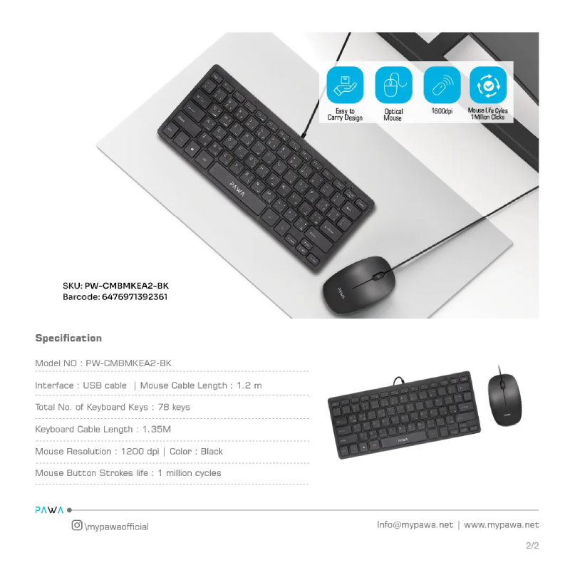Pawa Wired Slim Keyboard & Mouse Mini Desktop Pack, 1200 DPI - Black