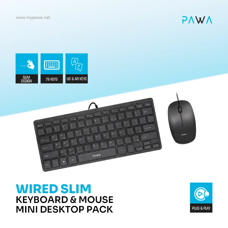 Pawa Wired Slim Keyboard & Mouse Mini Desktop Pack, 1200 DPI - Black