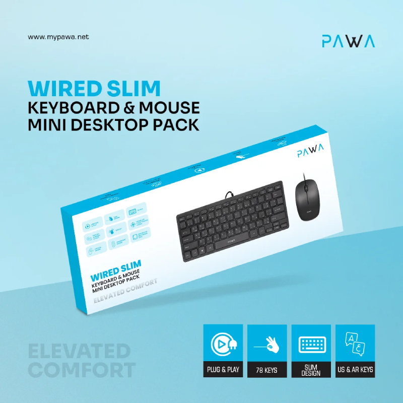 Pawa Wired Slim Keyboard & Mouse Mini Desktop Pack, 1200 DPI - Black