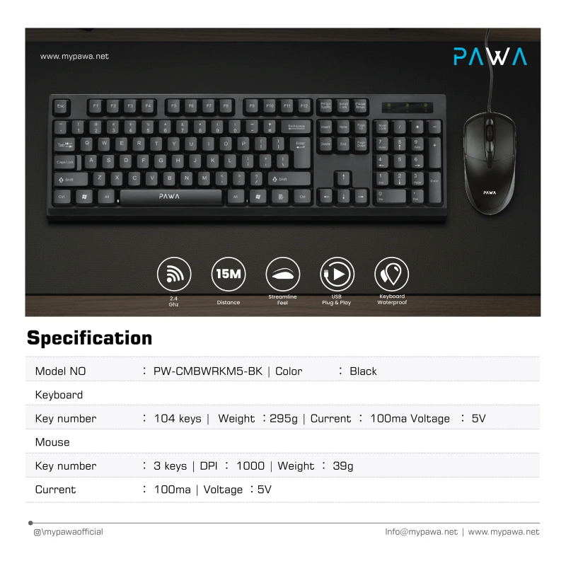 Pawa Wired Office Keyboard & Mouse Set- Black