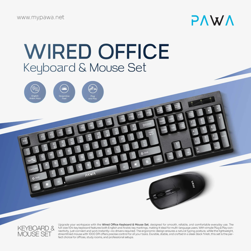 Pawa Wired Office Keyboard & Mouse Set- Black