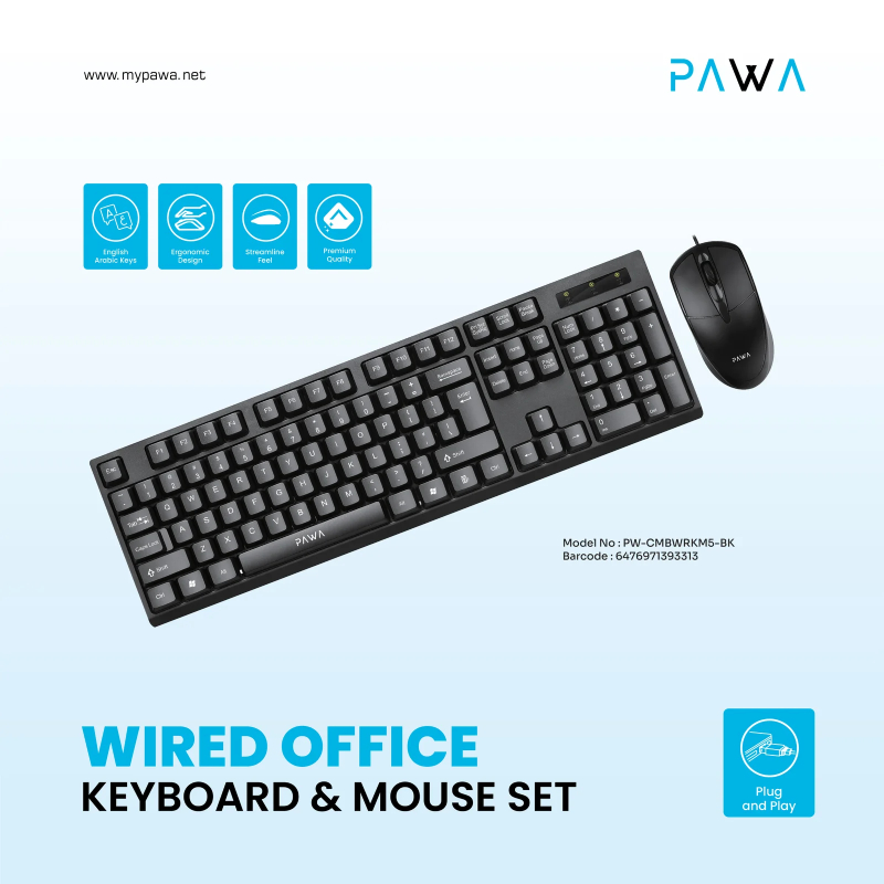 Pawa Wired Office Keyboard & Mouse Set- Black