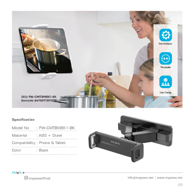 Pawa Wall Retractable Tablet Stand - Black