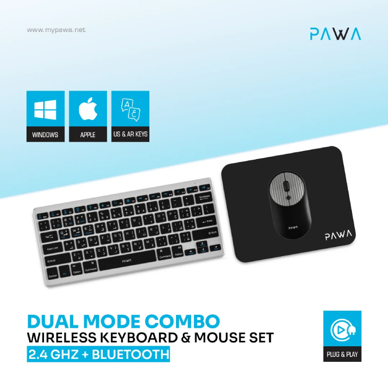 Pawa Dual Mode Wireless Keyboard & Mouse Set - Grey & Black