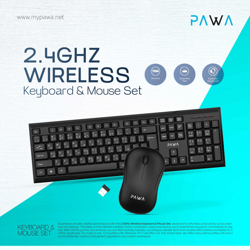 Pawa 2.4GHz Wireless Keyboard & Mouse Set - Black