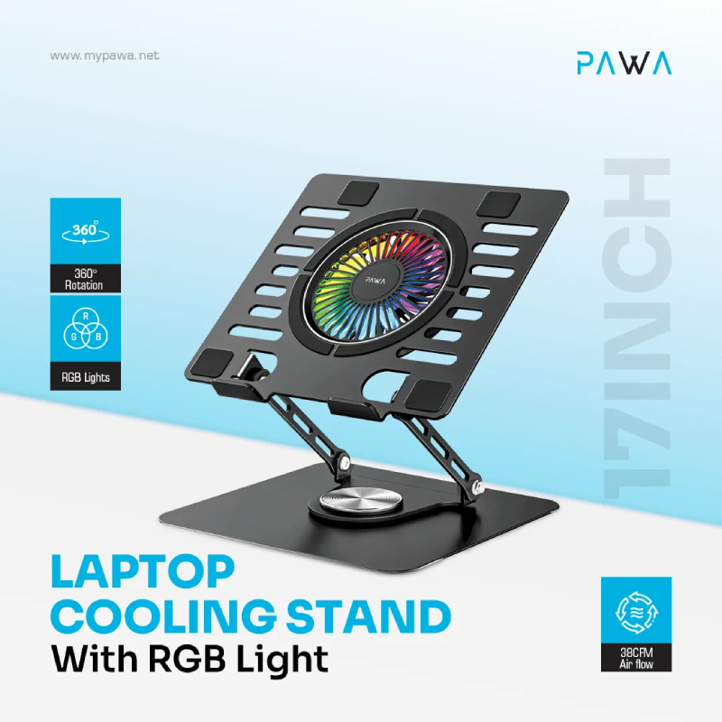 Pawa Laptop Cooling Stand With RGB Light, Adjustable Cooling Pad - Black