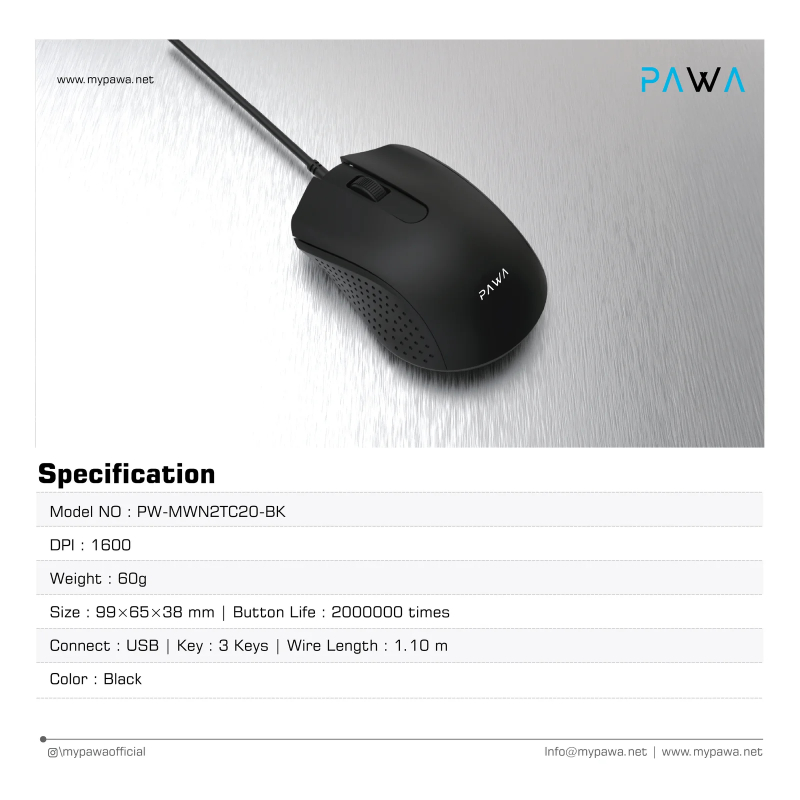 Pawa Sleek Wired Mouse 1200 DPI - Black