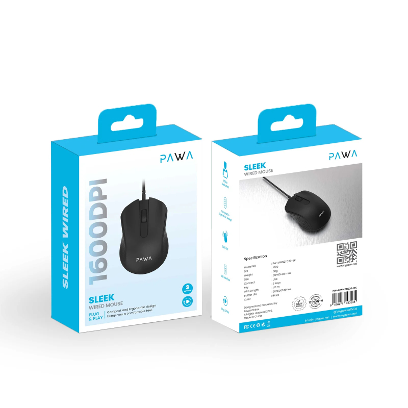 Pawa Sleek Wired Mouse 1200 DPI - Black