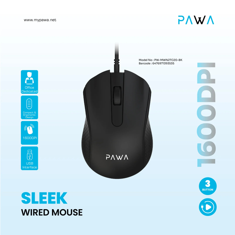 Pawa Sleek Wired Mouse 1200 DPI - Black