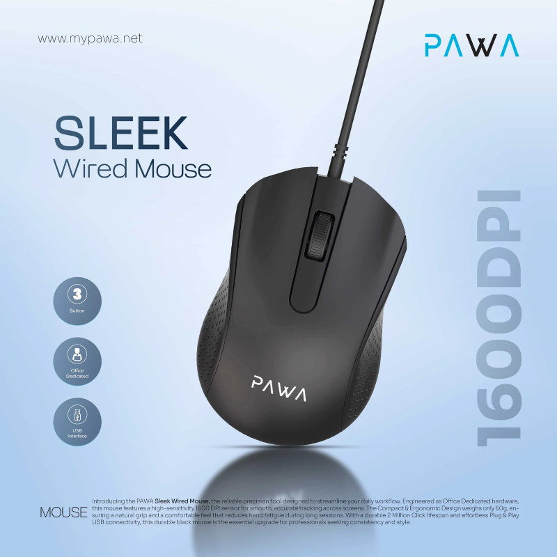 Pawa Sleek Wired Mouse 1200 DPI - Black
