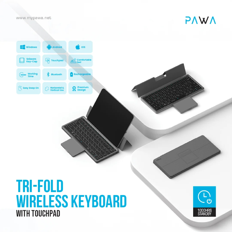 Pawa Tri-Fold Wireless Keyboard with Touchpad - Grey