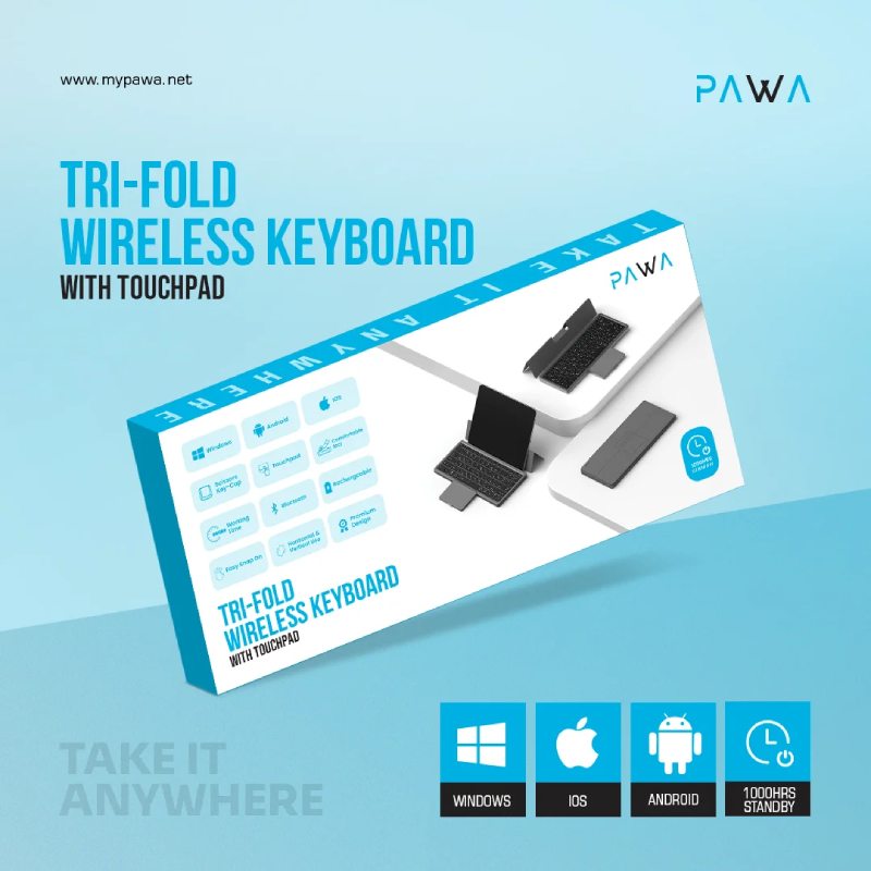 Pawa Tri-Fold Wireless Keyboard with Touchpad - Grey