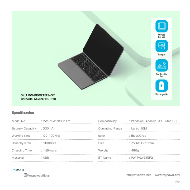 Pawa Portable Foldable Wireless Keyboard with Touchpad - Grey