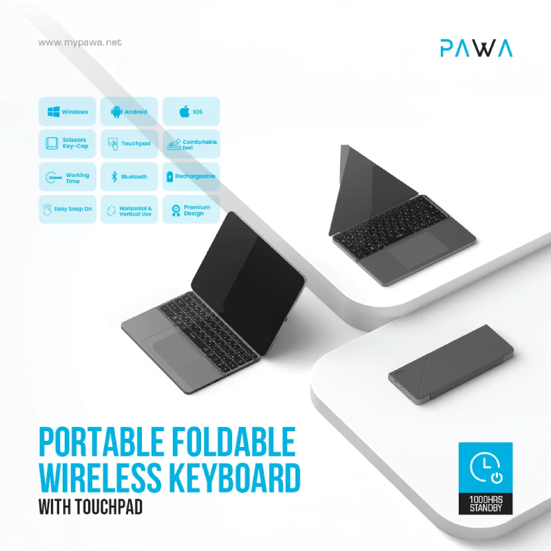 Pawa Portable Foldable Wireless Keyboard with Touchpad - Grey