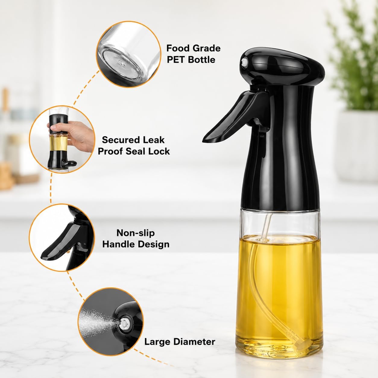 Oil Spray Bottle for Cooking, Premium Glass Dispenser for Kitchen - 200ml