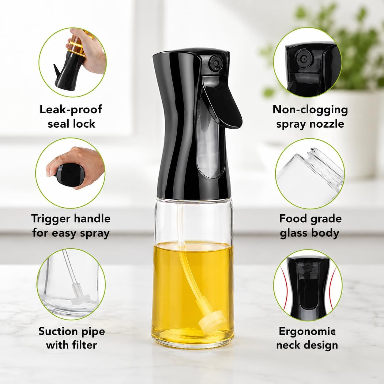 Oil Spray Bottle for Cooking, Premium Glass Dispenser for Kitchen - 200ml