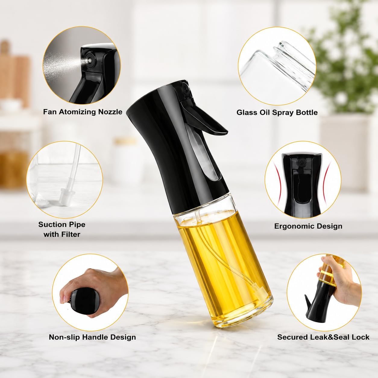 Oil Spray Bottle for Cooking, Premium Glass Dispenser for Kitchen - 200ml