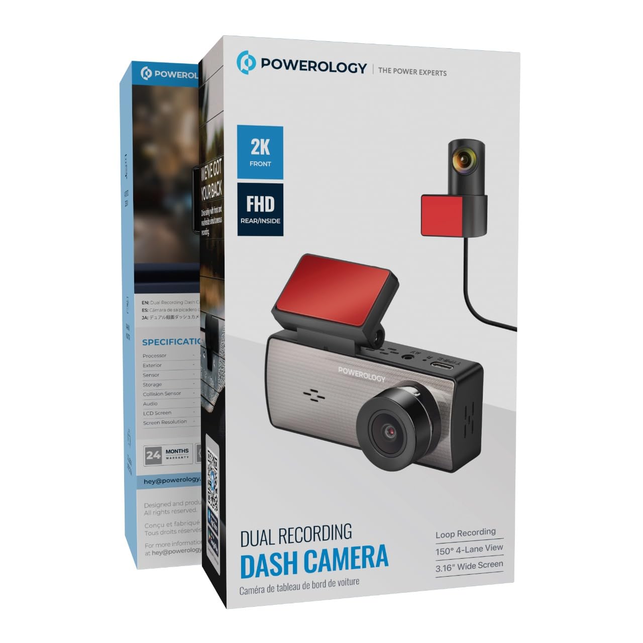 Powerology Dual Recording Dash Camera, Three-Axis Accelerometer - Black