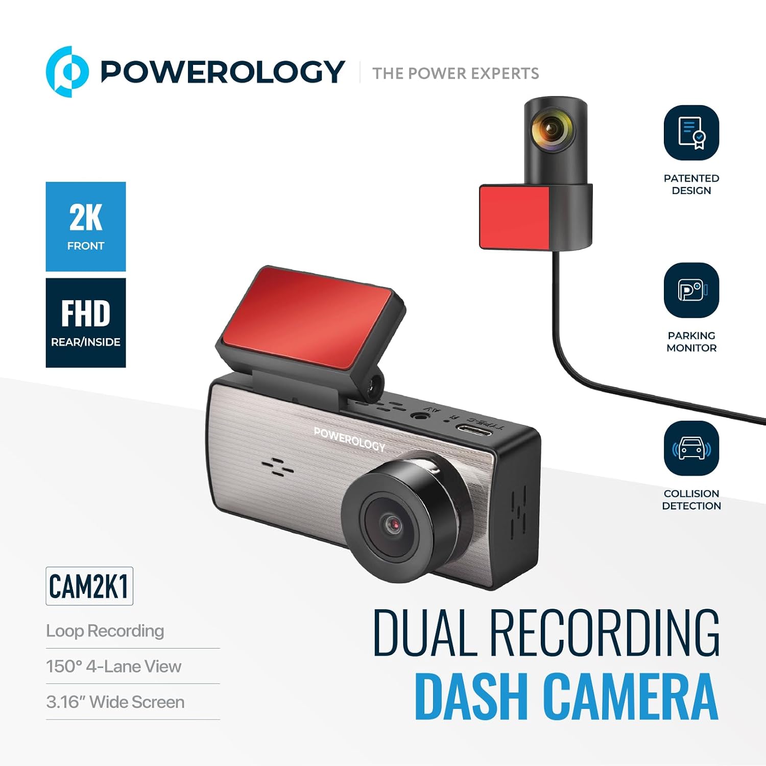 Powerology Dual Recording Dash Camera, Three-Axis Accelerometer - Black