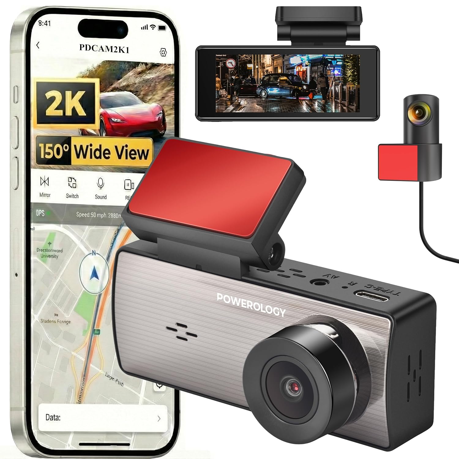 Powerology Dual Recording Dash Camera, Three-Axis Accelerometer - Black