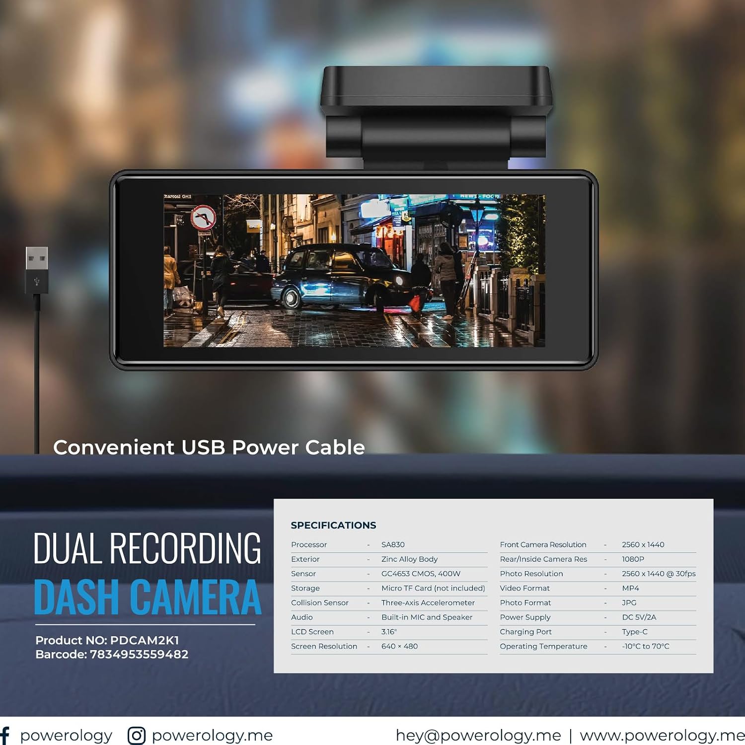 Powerology Dual Recording Dash Camera, Three-Axis Accelerometer - Black