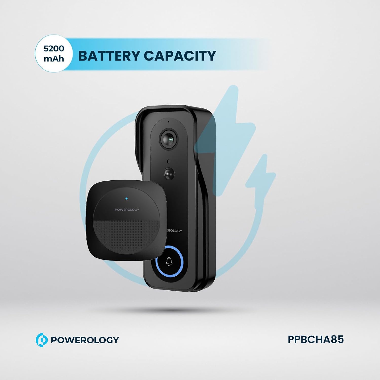 Powerology IP65 265GB 3MP Infrared Smart Camera Doorbell, 5200mAh - Black