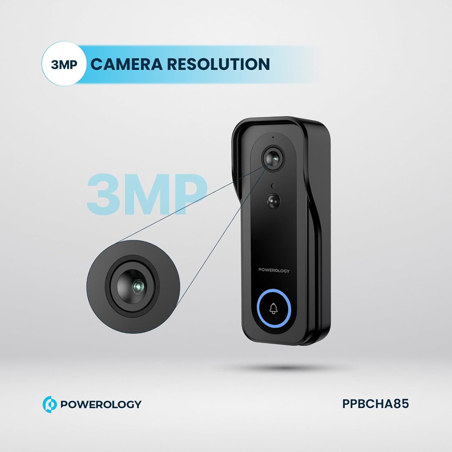 Powerology IP65 265GB 3MP Infrared Smart Camera Doorbell, 5200mAh - Black