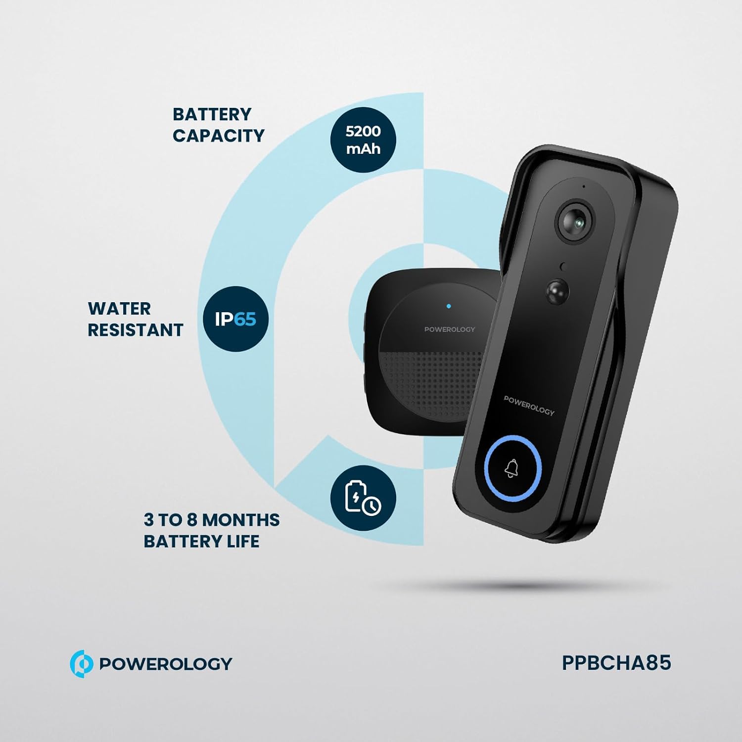 Powerology IP65 265GB 3MP Infrared Smart Camera Doorbell, 5200mAh - Black