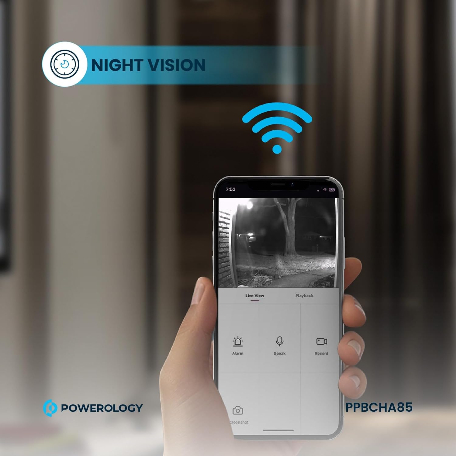 Powerology IP65 265GB 3MP Infrared Smart Camera Doorbell, 5200mAh - Black
