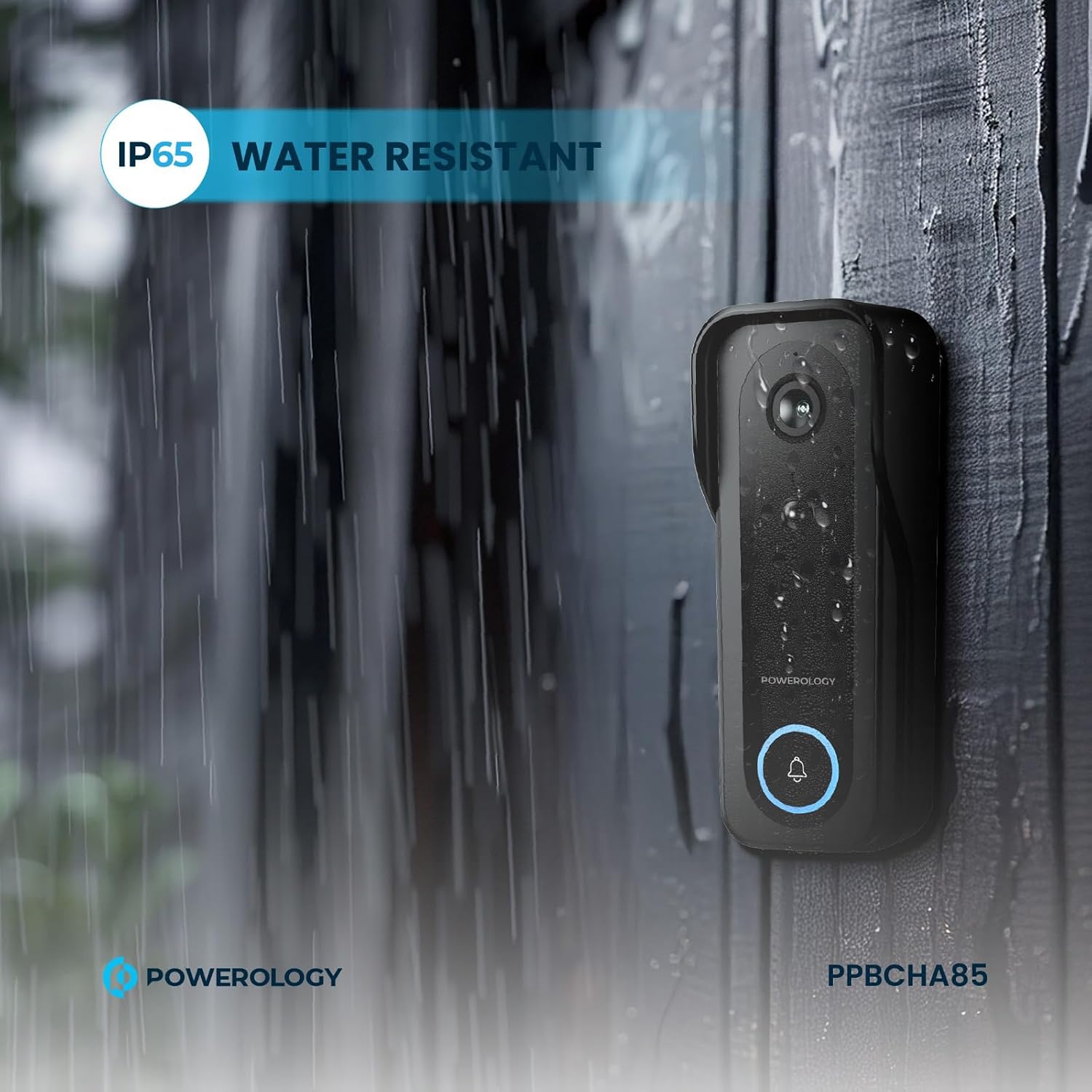 Powerology IP65 265GB 3MP Infrared Smart Camera Doorbell, 5200mAh - Black