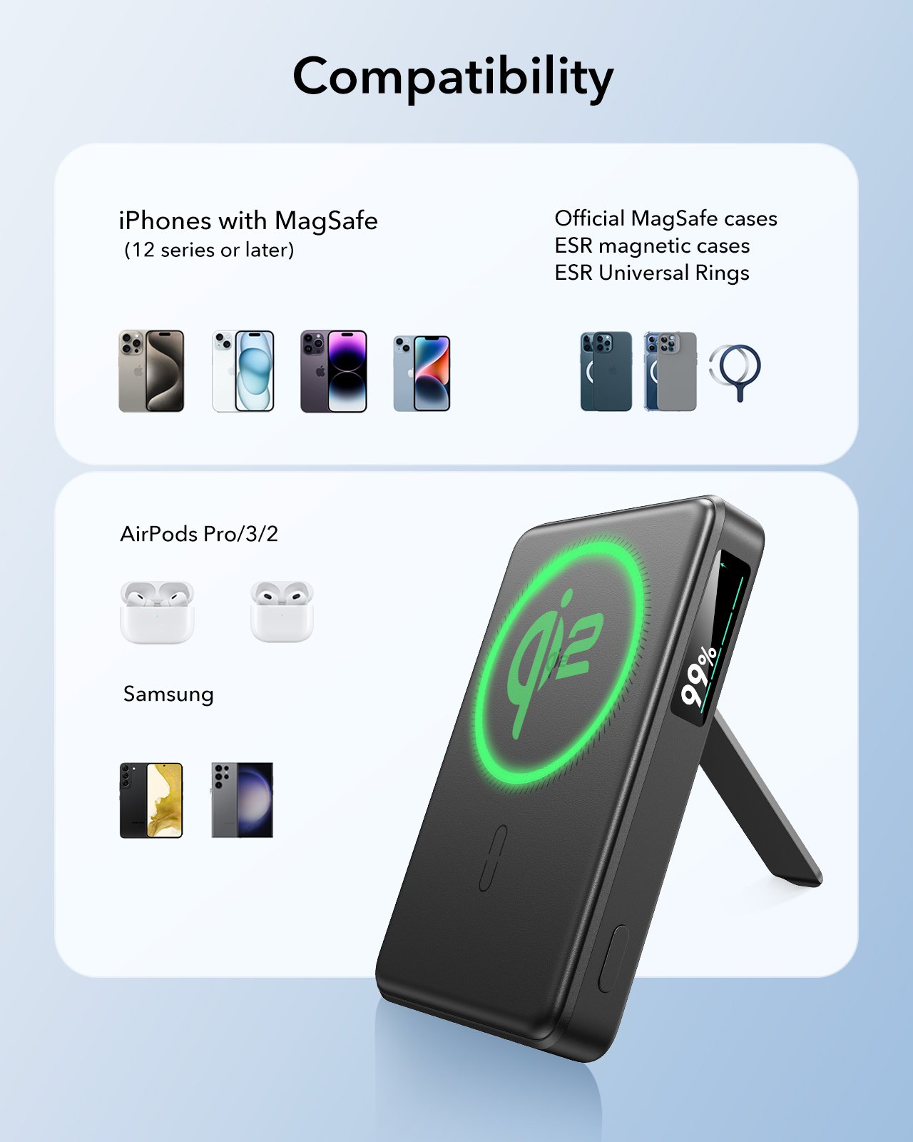 ESR Power Bank 10000mAh Qi2 MagSlim Kickstand - Black